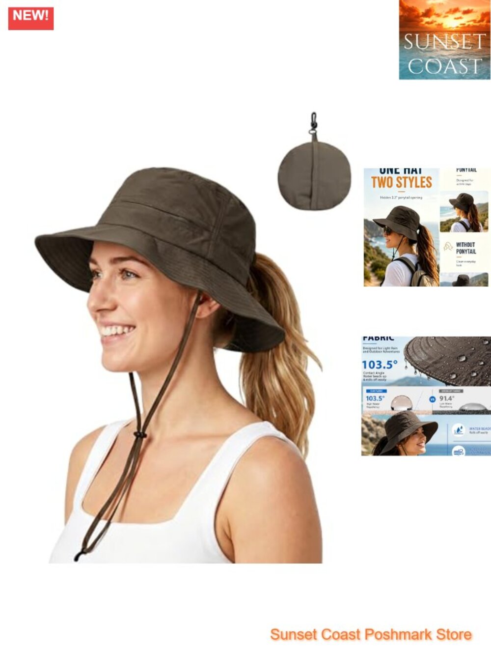 Womens Ponytail Sun Hat UPF50+ Waterproof Nylon Bucket Hat Packable Beach